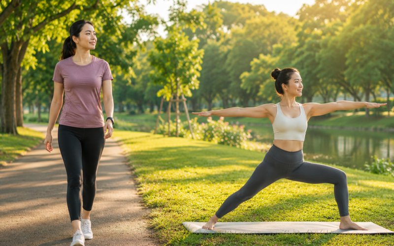 Mẹo kết hợp đi bộ với yoga giúp giảm mỡ và trẻ lâu