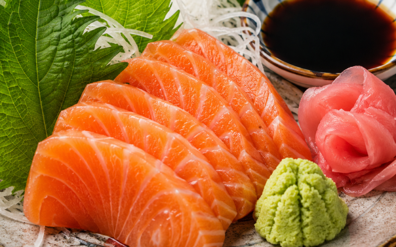Vì sao ăn cá hồi sống luôn kèm wasabi, gừng hồng và tía tô? Sự thật ít người biết